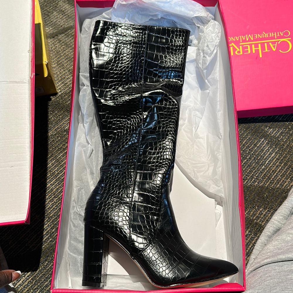 Knee high, crocodile print black faux leather boots
